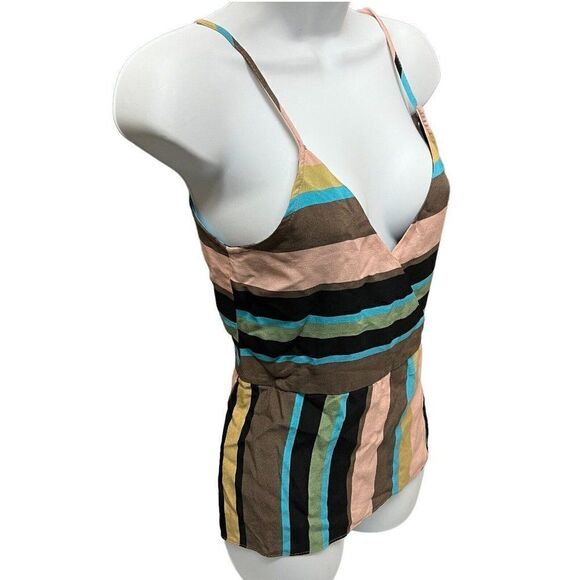 Zara Top Womens XS Brown‎ Stripe Tank Plunge Pink Blue Faux Wrap Plunge V Neck - Picture 5 of 11